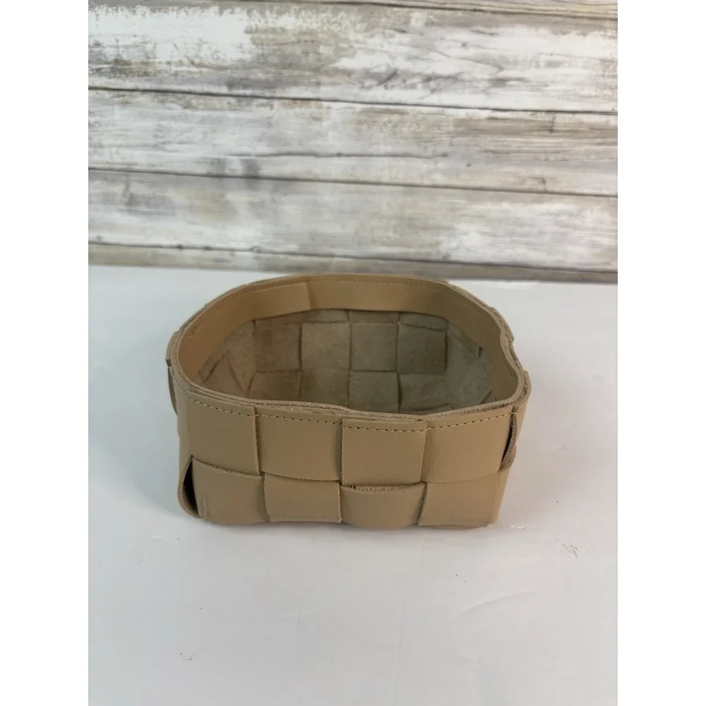 Small Beige Faux Leather Rectangular Woven Basket Home Décor